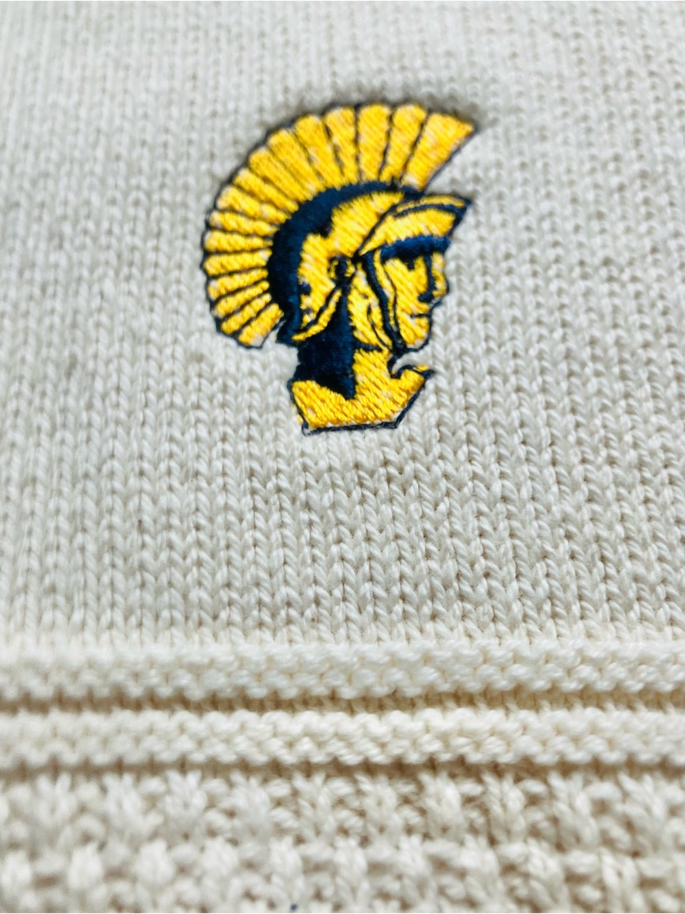 🔥VTG McBriar Waffle Knit Sweater Off White Mens XL Embroidered Spartans Trojans